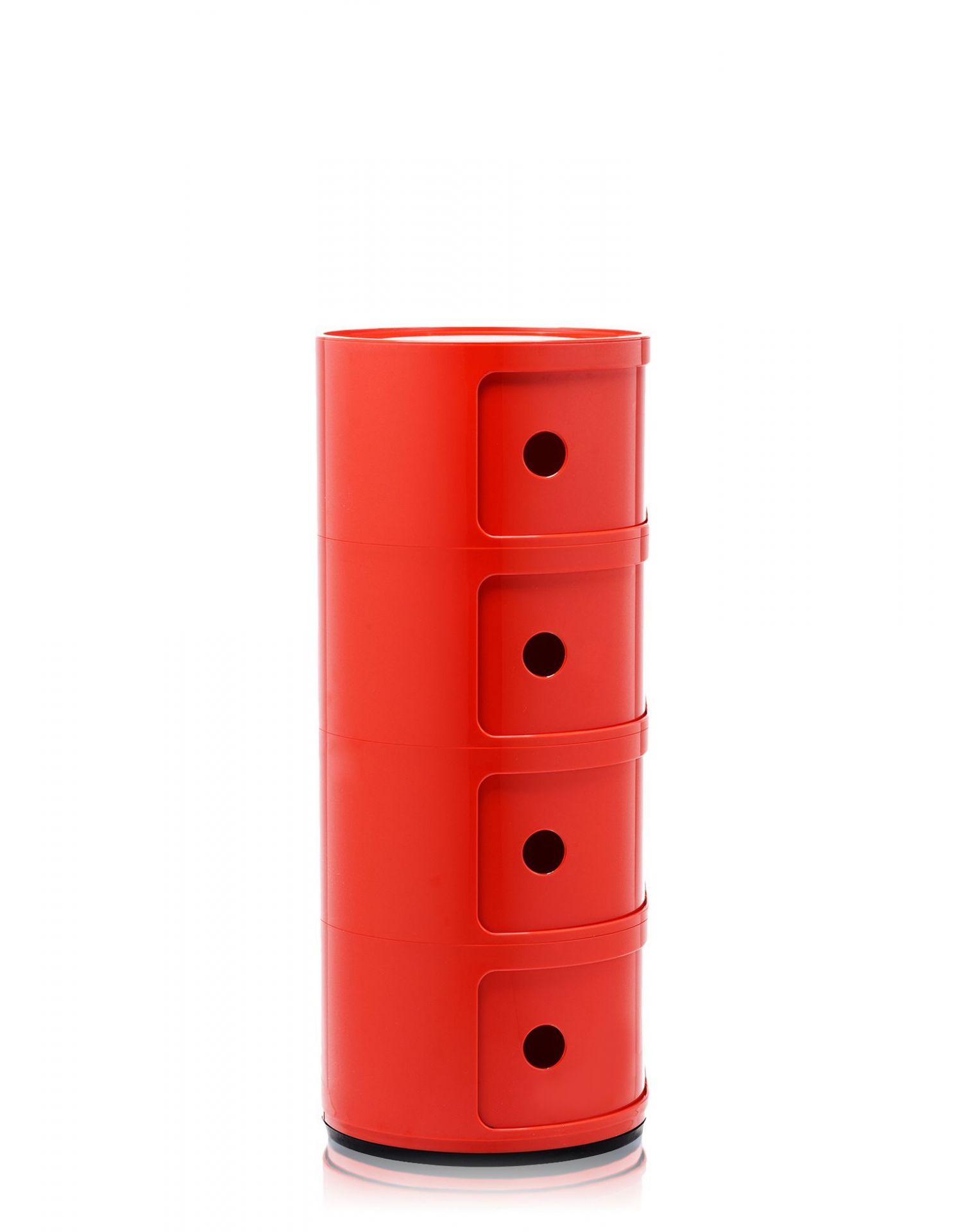 Rotes Kartell Componibili Element mit vier Fächern, ideal als Nachttisch oder Beistelltisch.