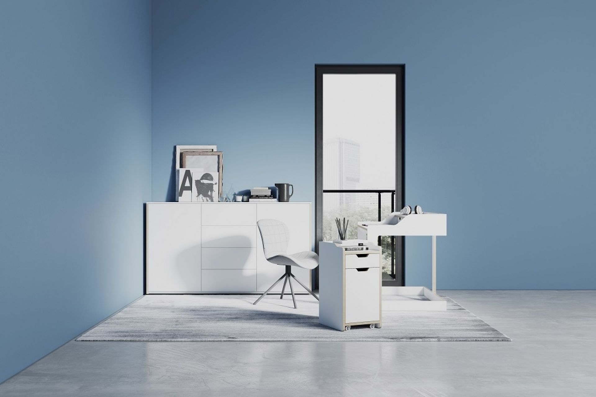 Weißes Müller Möbelwerkstätten Sideboard mit zwei Türen und vier Schubladen im modernen Wohnraum.