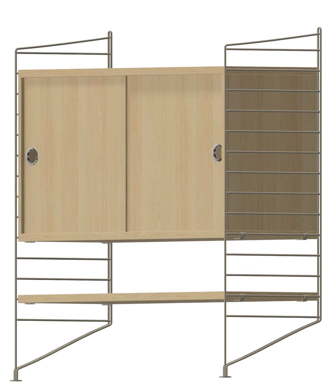 Wohnzimmer KONFIGURATIONEN L3 String Furniture Regalsystem mit Schiebetüren und Regalböden, Ansicht.