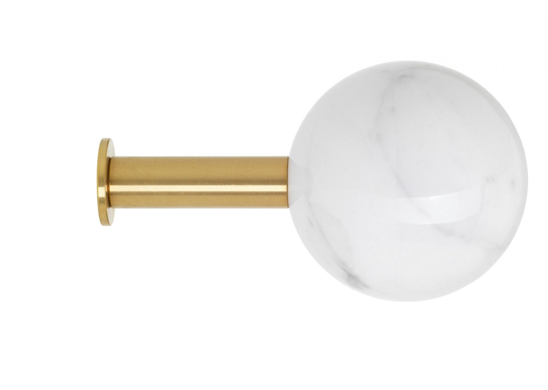 Dots Stone Wandhaken von Schönbuch, weiße Marmorkugel mit goldfarbener Halterung, moderner Wandhaken.