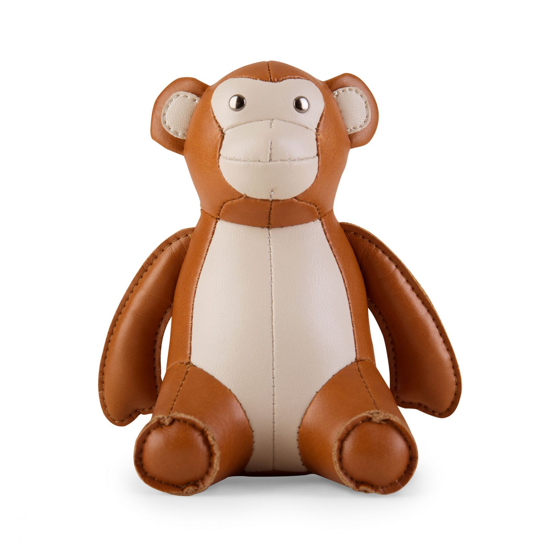 Briefbeschwerer Affe von Züny, tan und weizenfarben, aus Kunstleder, sitzend dargestellt. Dekoration und Büroaccessoire.