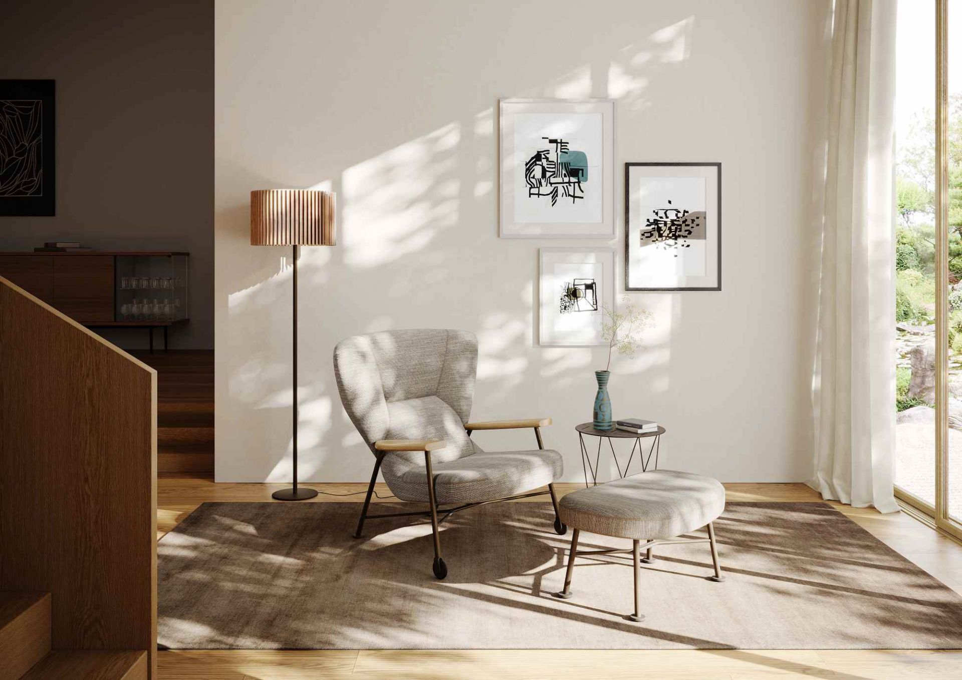 Heller Shinzo Lounge Chair Sessel von Walter Knoll mit Hocker in modernem Wohnzimmer.