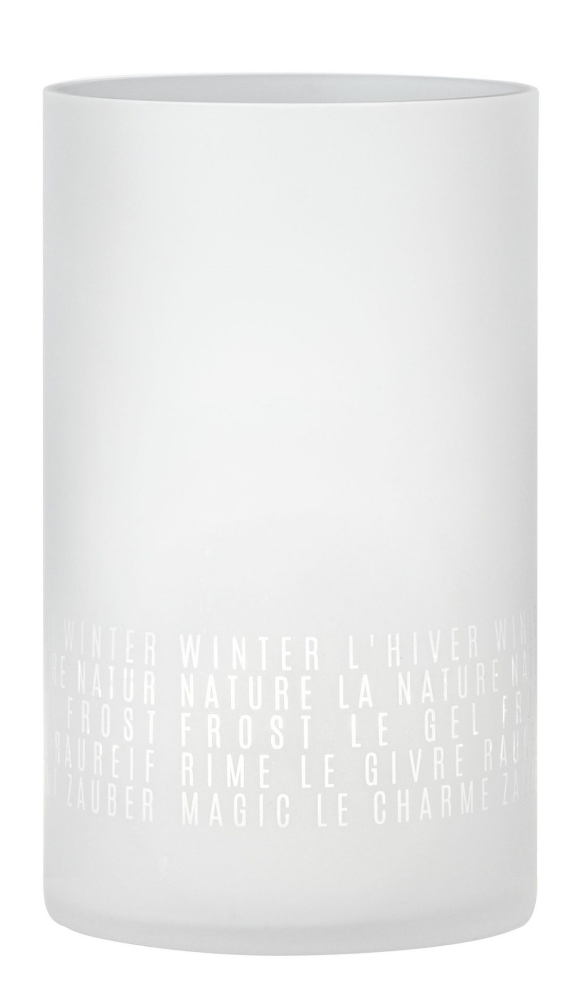 Räder Winterzauber Windlicht: Weißes Glaswindlicht mit dreisprachigen Wintermotiven für stimmungsvolle Beleuchtung im Innenbereich.