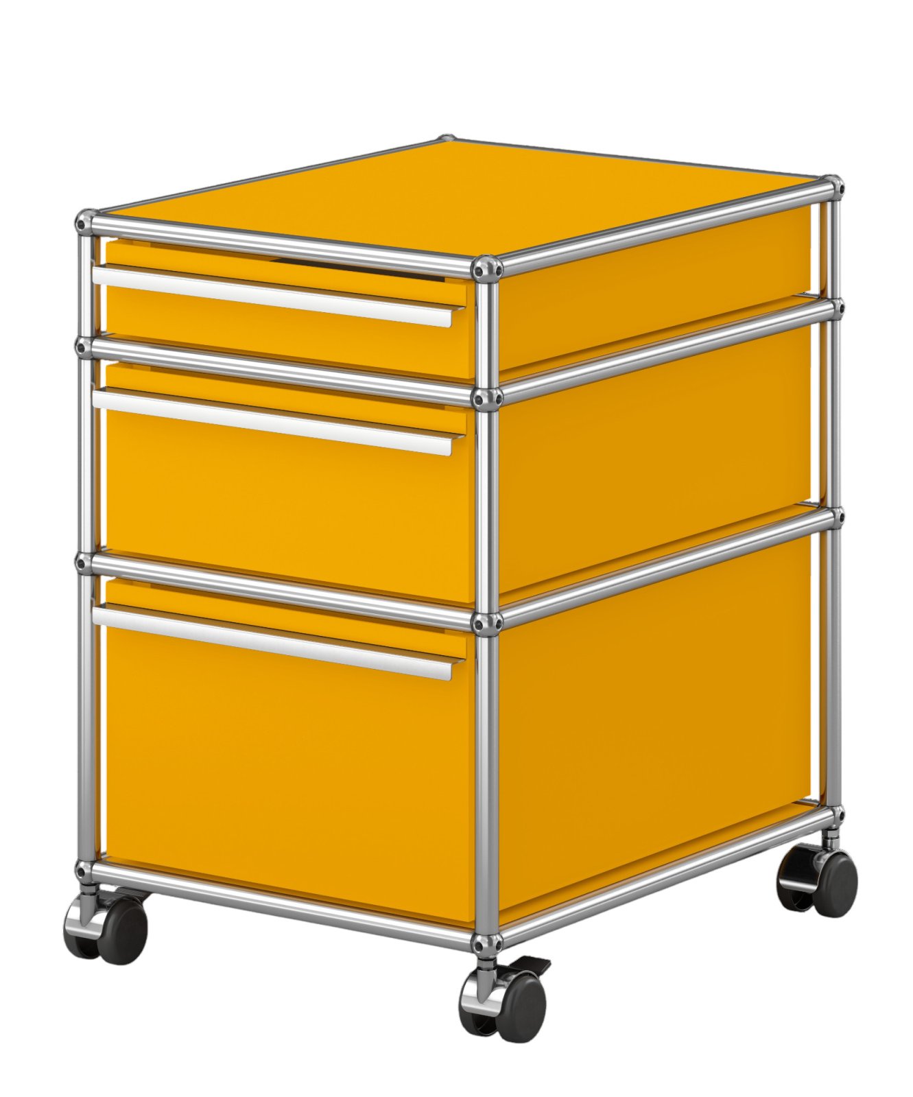 USM Haller Rollcontainer in Goldgelb mit drei Schubladen und silbernem Gestell auf Rollen.