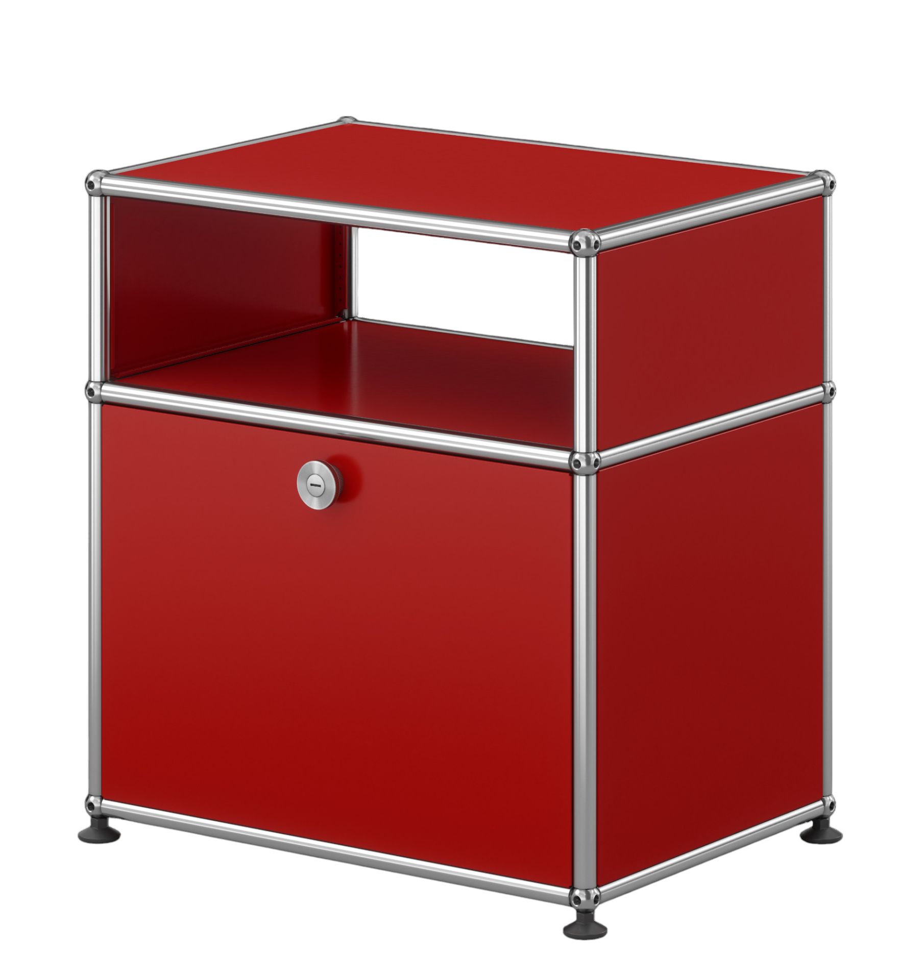 USM Haller Nachttisch Rubinrot mit Klapptür, modernes modulares Möbeldesign für Schlafzimmer und Wohnbereich.