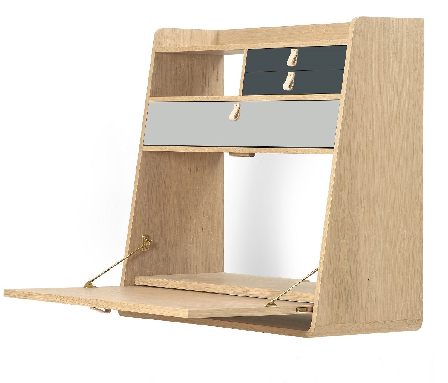 Gaston Wandsekretär aus Holz mit Schubladen und ausgeklappter Arbeitsfläche für das Homeoffice.