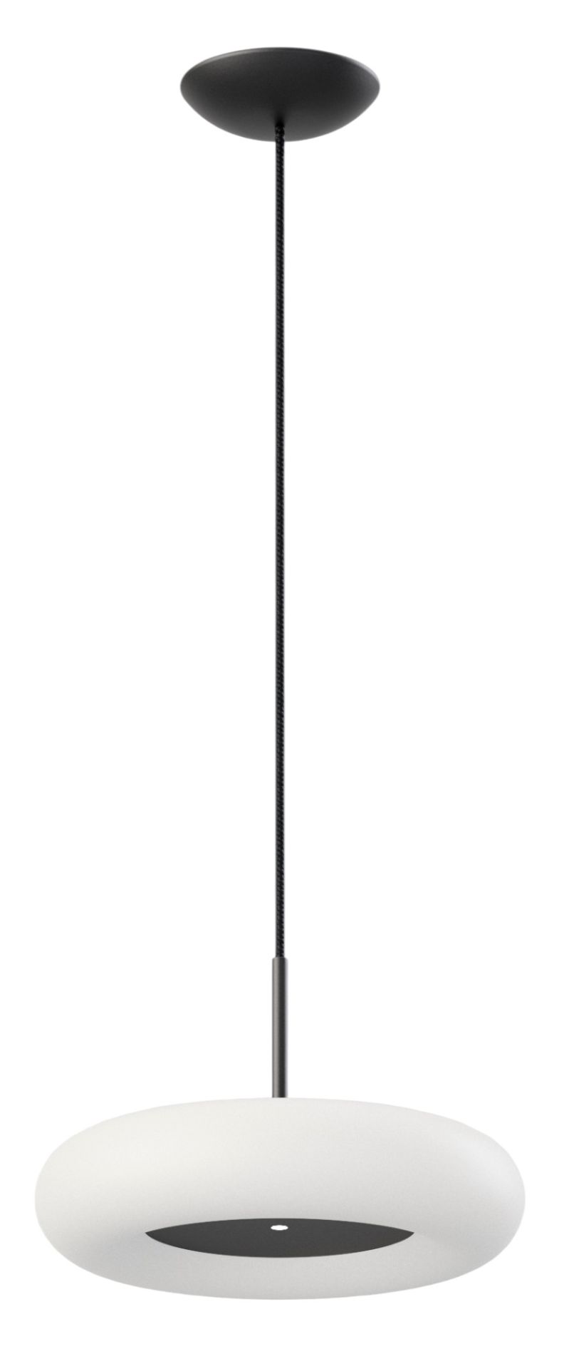 Schwarze Oto Pendelleuchte von Belux mit warmweißem Licht (3000K) für stilvolle Innenraumbeleuchtung.