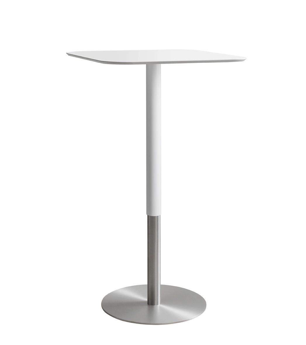 Weißer Stehtisch von Moree mit quadratischer Tischplatte und Edelstahlfuß. Moderner Bistrotisch für Gastronomie und Event.