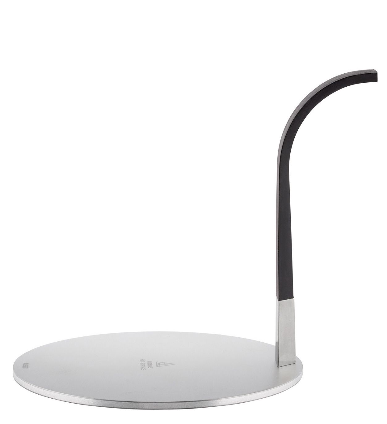 Little Helper Induktionsadapter von Alessi für Espressokocher, silberne Adapterplatte mit schwarzem Griff.