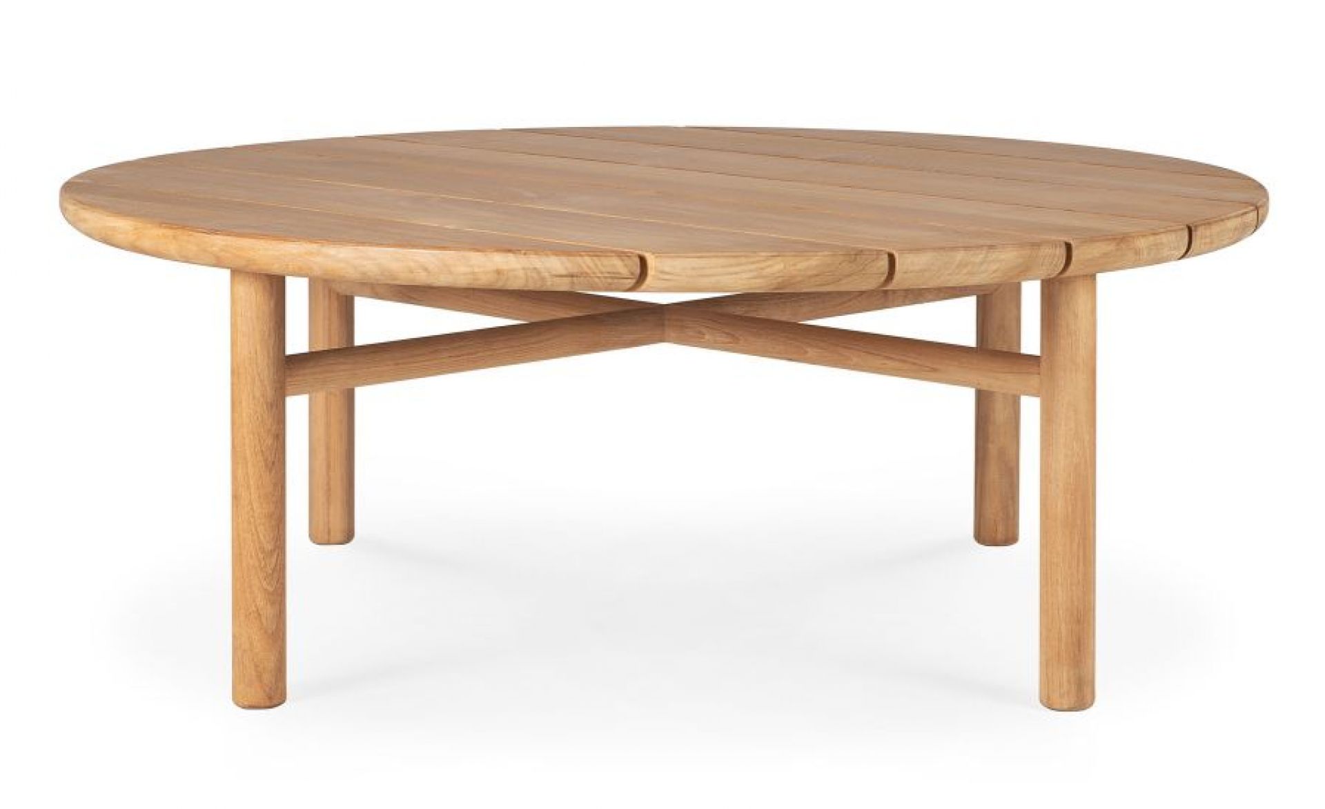 Runder Quatro Couchtisch aus Teakholz für den Außenbereich, robust und stilvoll.