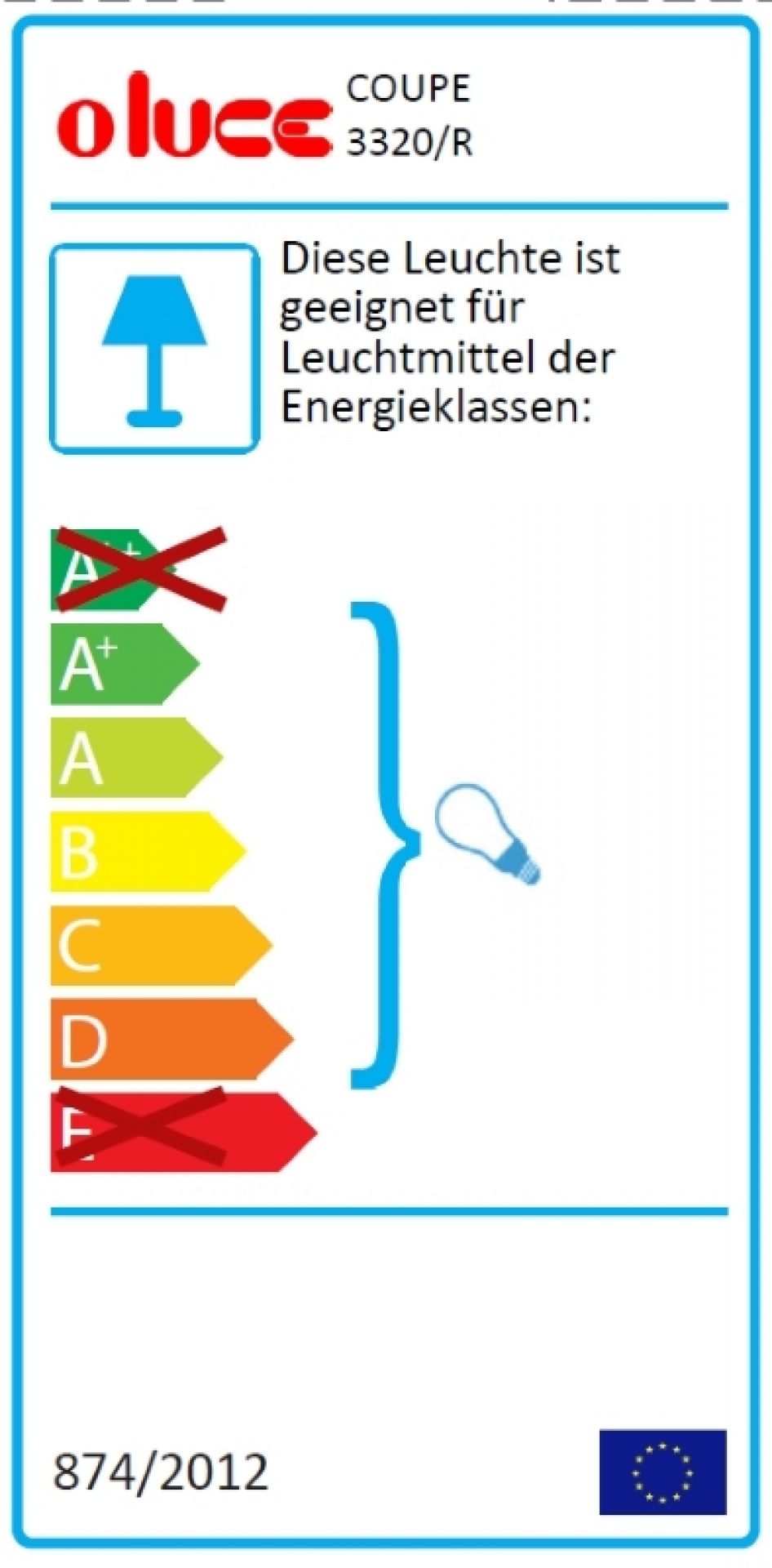 Energielabel der Coupé Stehleuchte 3320/R von Oluce, geeignet für Leuchtmittel der Energieklassen A+ bis D.