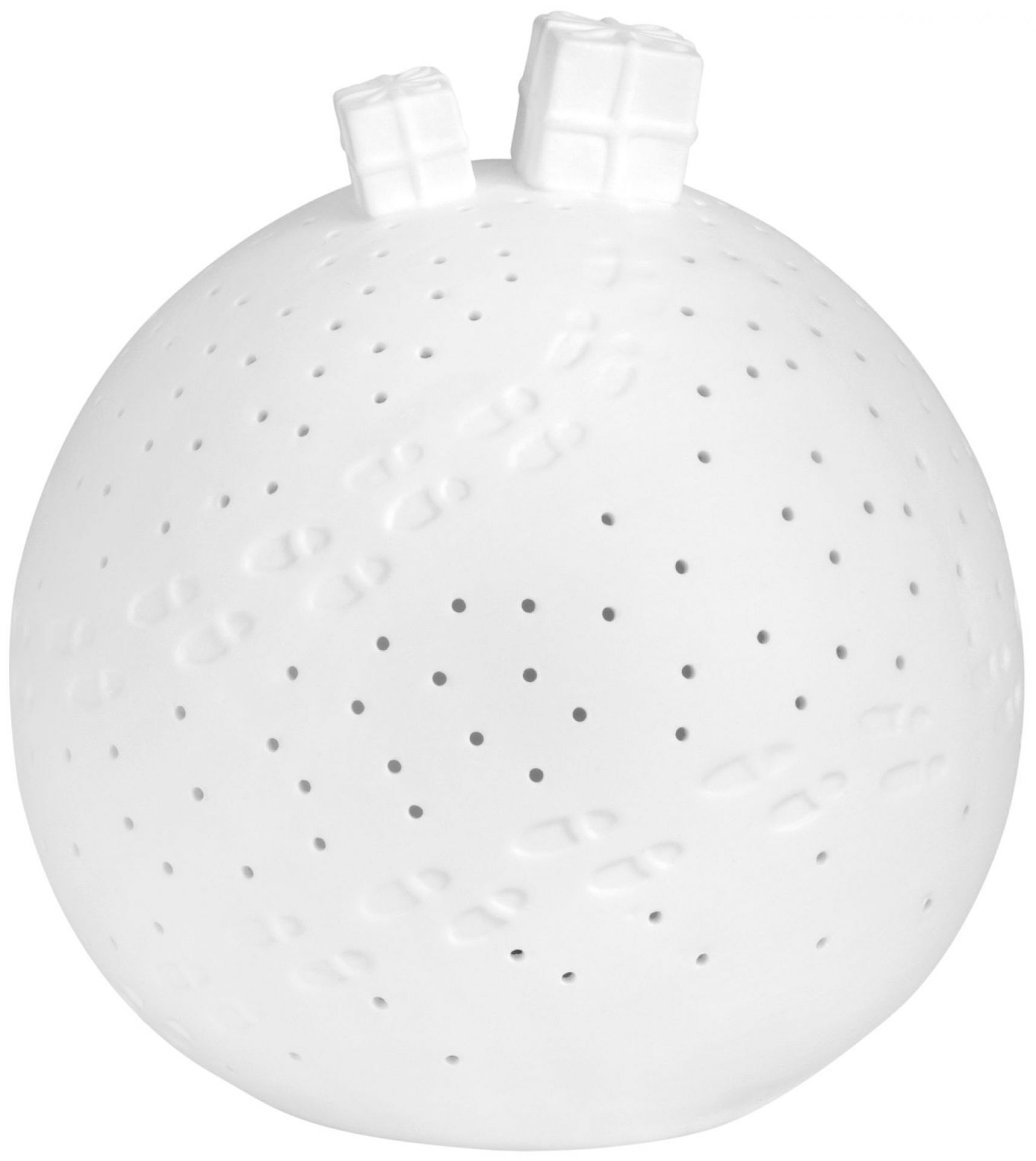 Weiße Porzellan Lichtkugel mit Geschenken und LED-Lichtern, dekoratives Einzelstück.