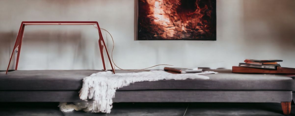 Rote Foscarini Bridge Tischleuchte auf grauem Sofa, moderne Designerlampe für Wohnzimmer und Büro.