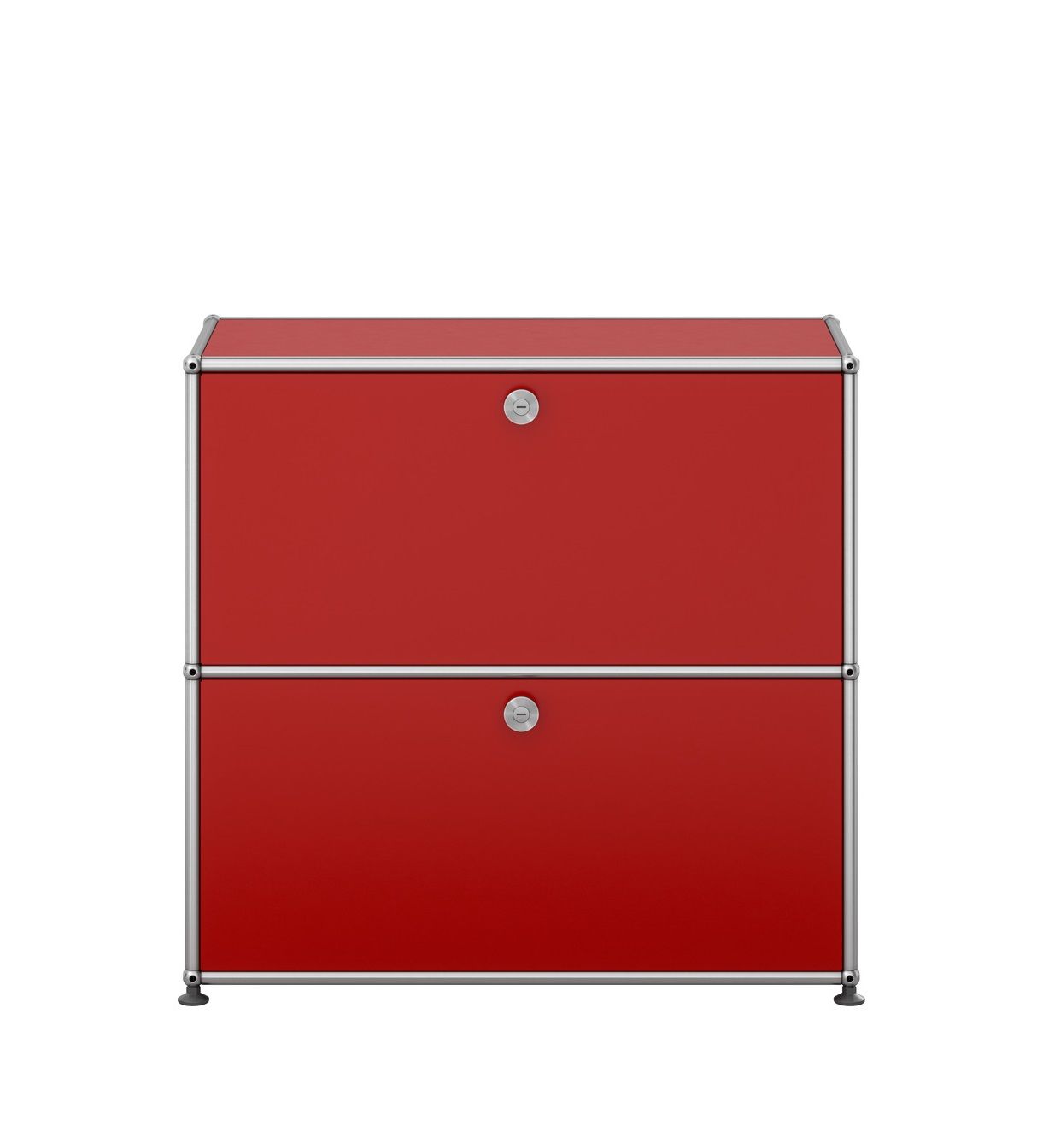 Kleines USM Haller Sideboard in Rubinrot mit zwei abschließbaren Fächern und verchromtem Gestell.