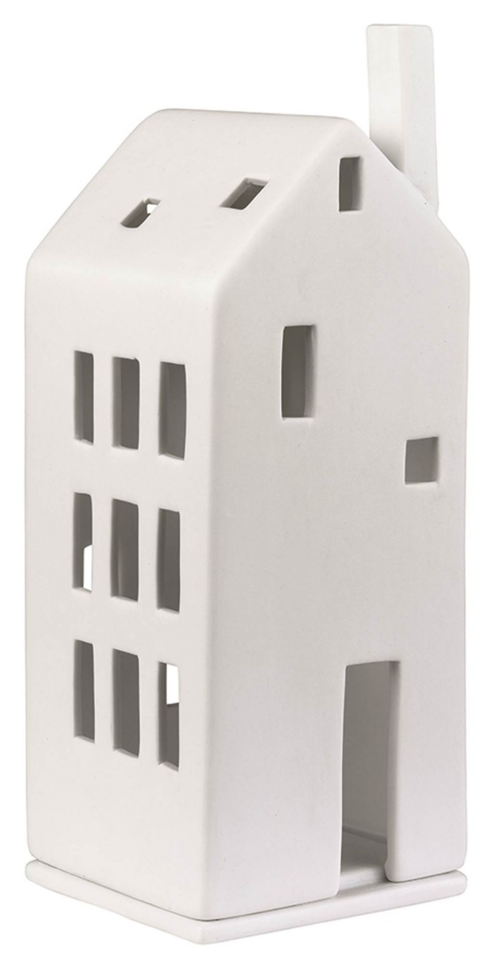 Detailaufnahme eines weißen Räder Lichthaus aus der Zuhause-Serie mit Fensteröffnungen und Schornstein.