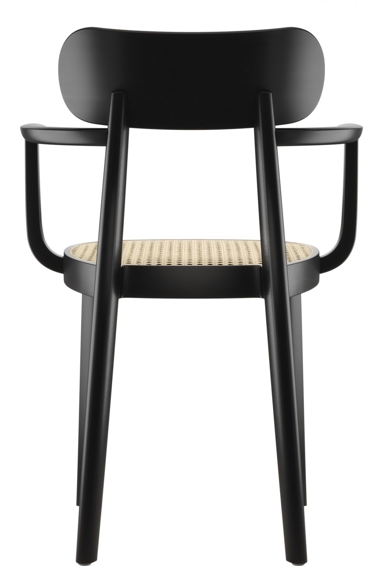 Rückansicht: Schwarzer Holzstuhl mit Armlehnen und Wiener Geflecht Sitzfläche, Modell 118 F Thonet.
