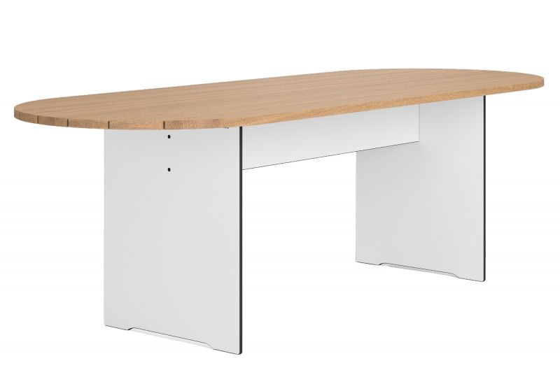 Riva Vario Round Tisch von Conmoto für den Außenbereich mit Holzplatte und weißen Beinen.