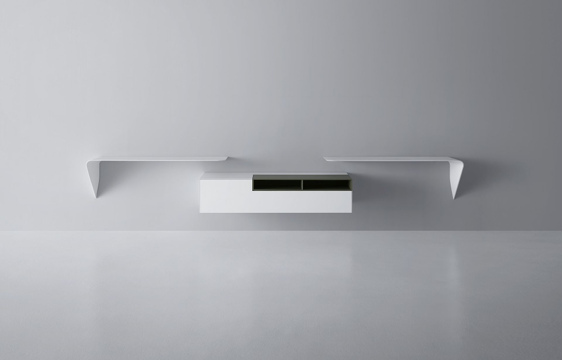 Weißer Mamba Light Wandsekretär von MDF Italia mit Regalen, modernes Design für Büro und Wohnzimmer.