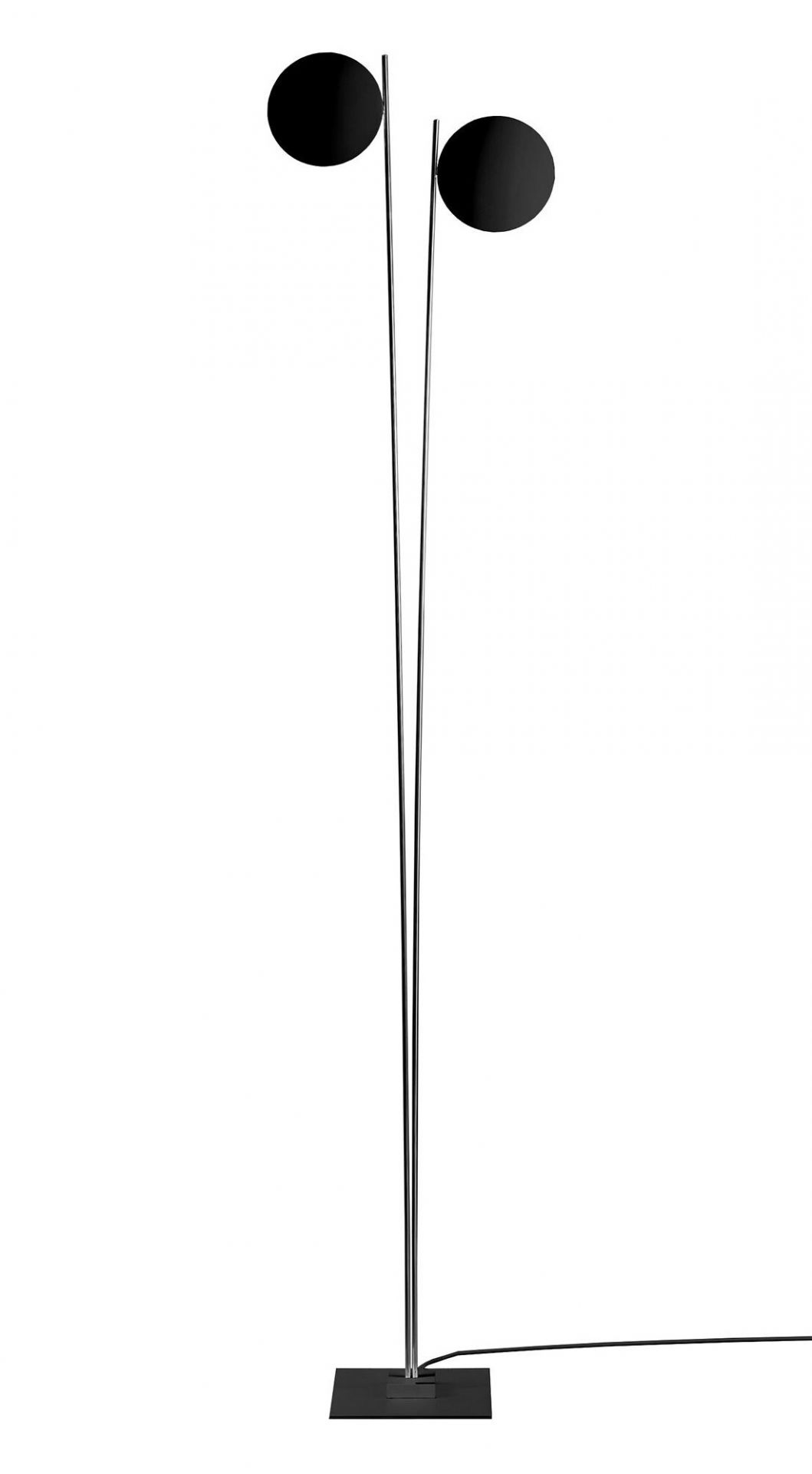 Schwarze Lederam F2 Stehleuchte von Catellani & Smith mit zwei runden Lampenschirmen.