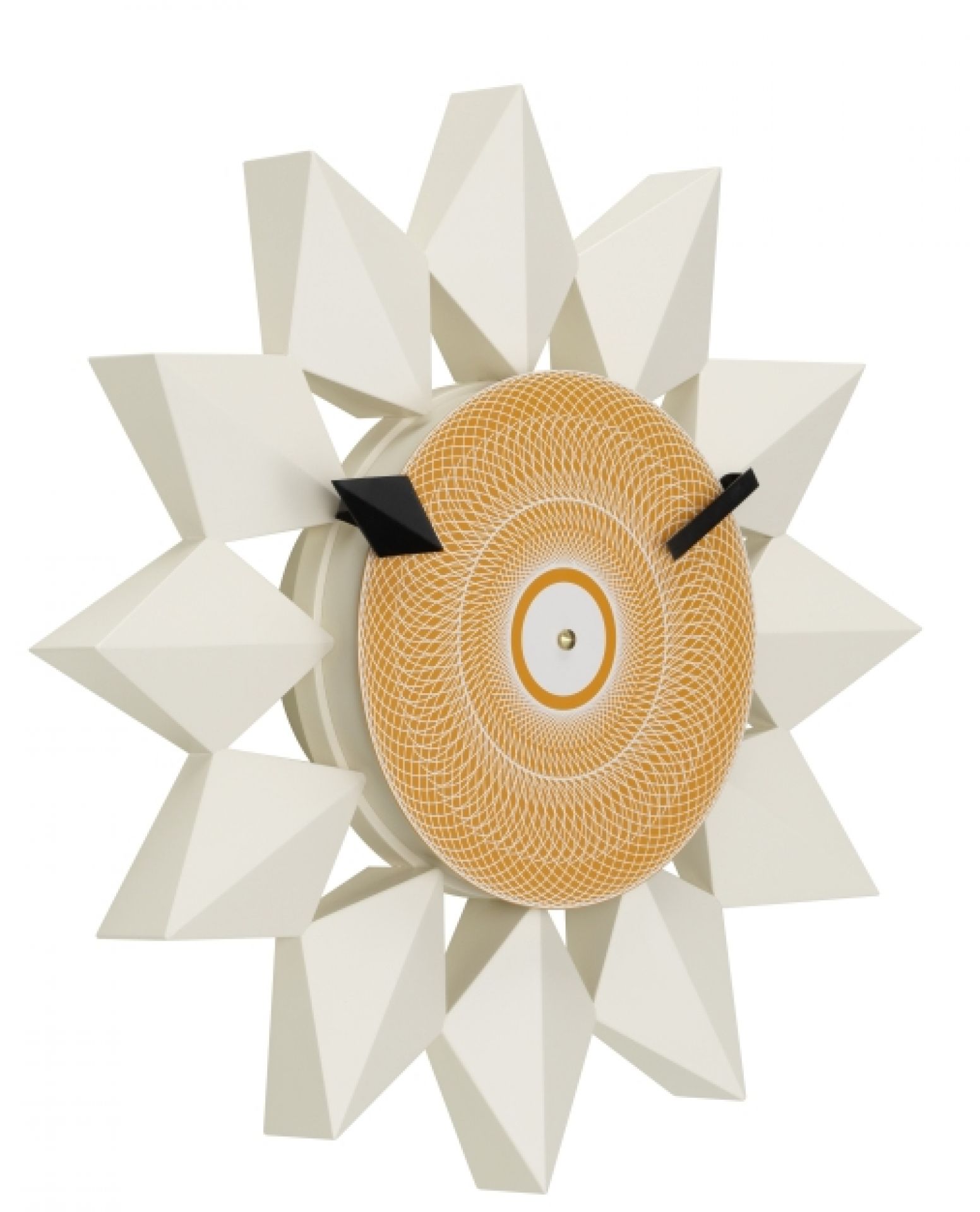 Weiße Diamond Markers Clock Wanduhr von Vitra mit geometrischem Design und goldenem Ziffernblatt.