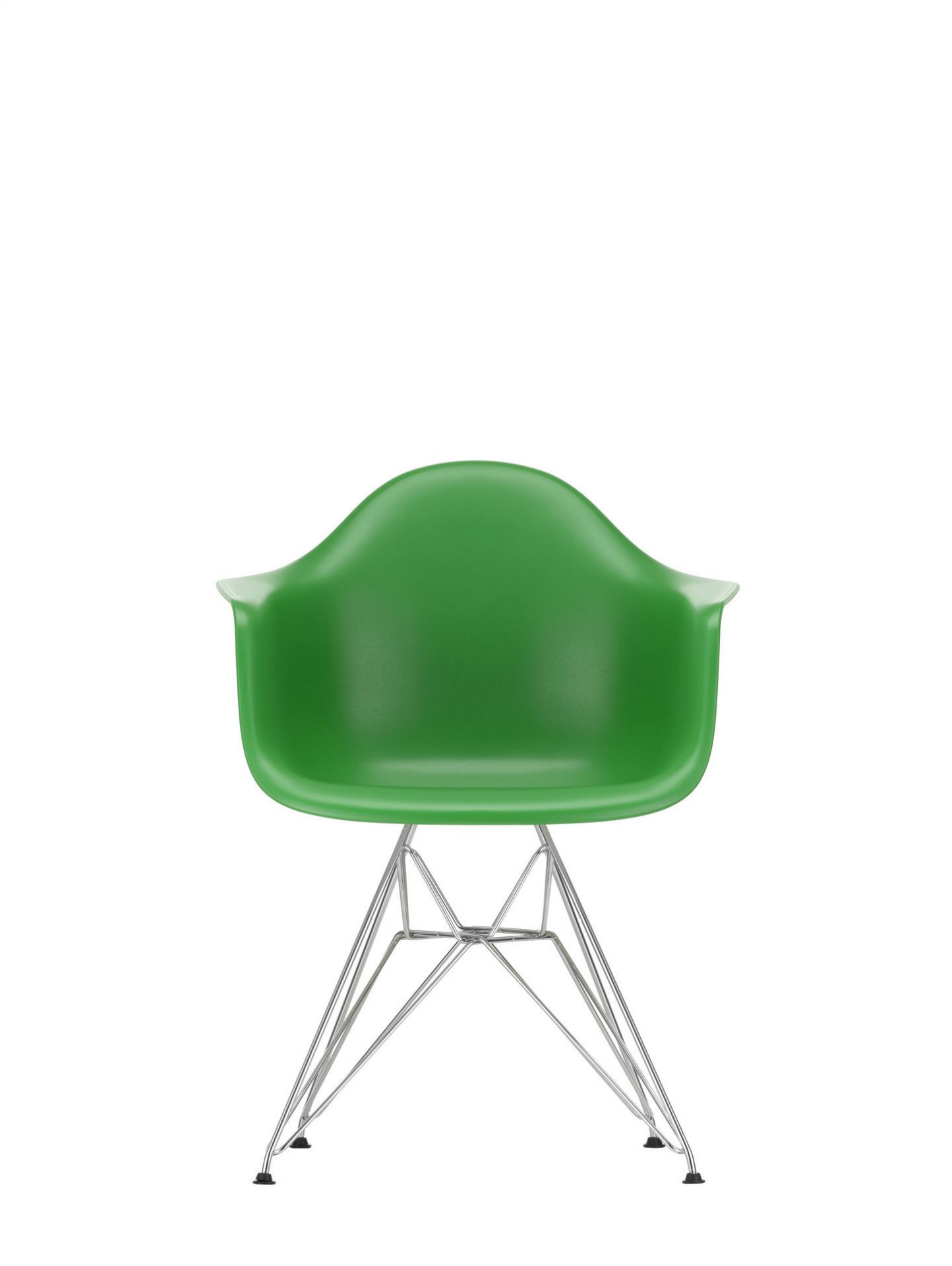 Grüner Vitra Eames Plastic Arm Chair DAR Stuhl mit verchromtem Gestell, Frontansicht.