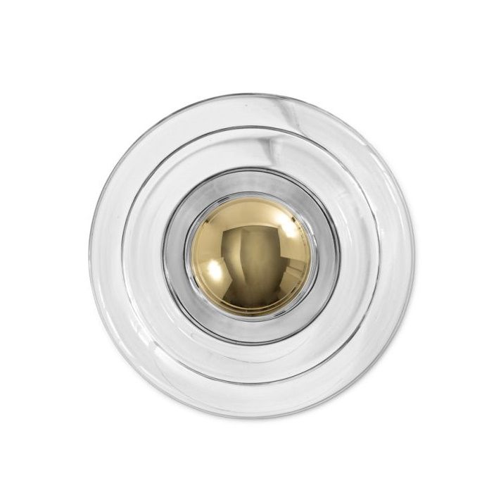 Press Surface Mini LED Wandleuchte von Tom Dixon: Runde Glasleuchte mit goldener Kugel im Zentrum.