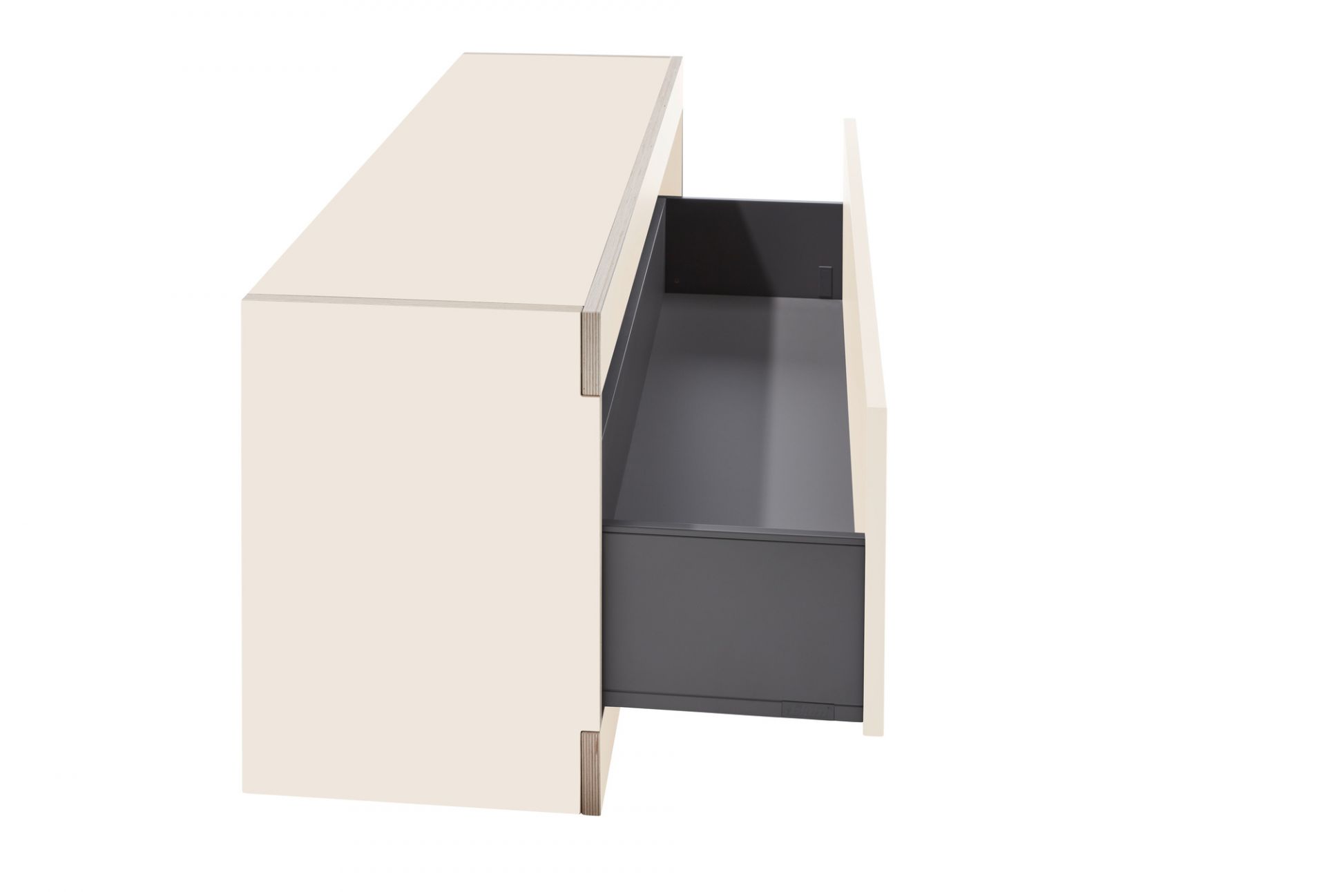 Flai Stauraumbank mit Schubkasten von Müller Möbelwerkstätten, offener Schubkasten, beige.