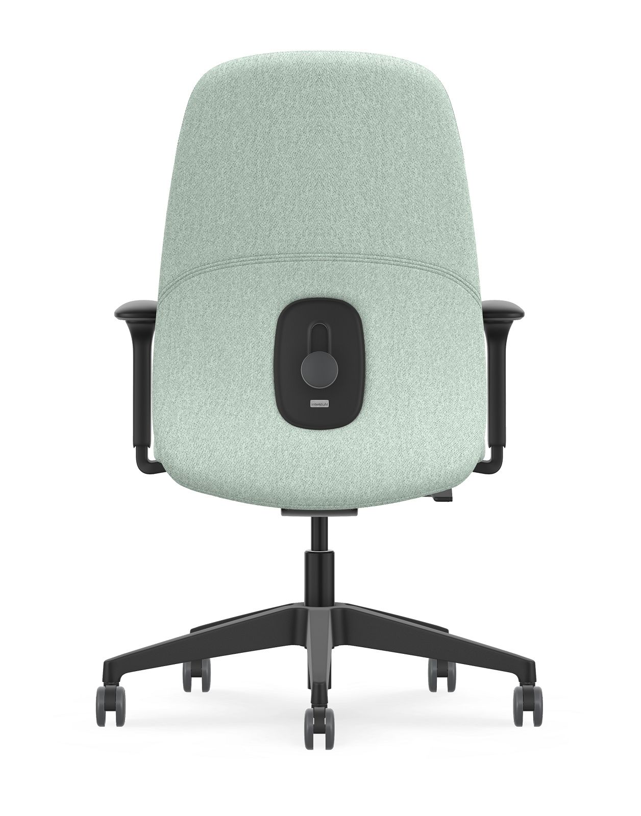 Rückansicht des HEJ Bürodrehstuhls von Interstuhl mit hellgrünem Stoff und schwarzem Fußkreuz.
