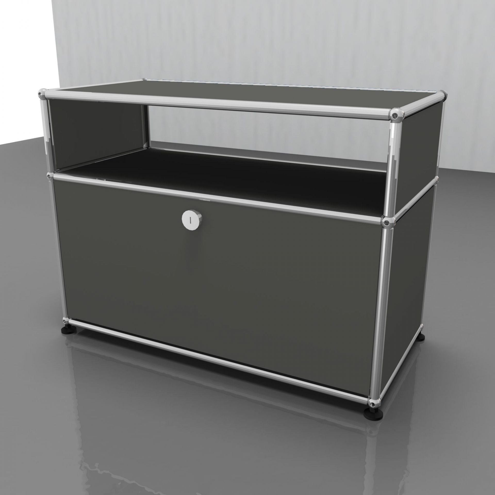 USM Haller Beistelltisch in Mittelgrau mit einer Schublade und offenem Fach, modernes Designmöbel.