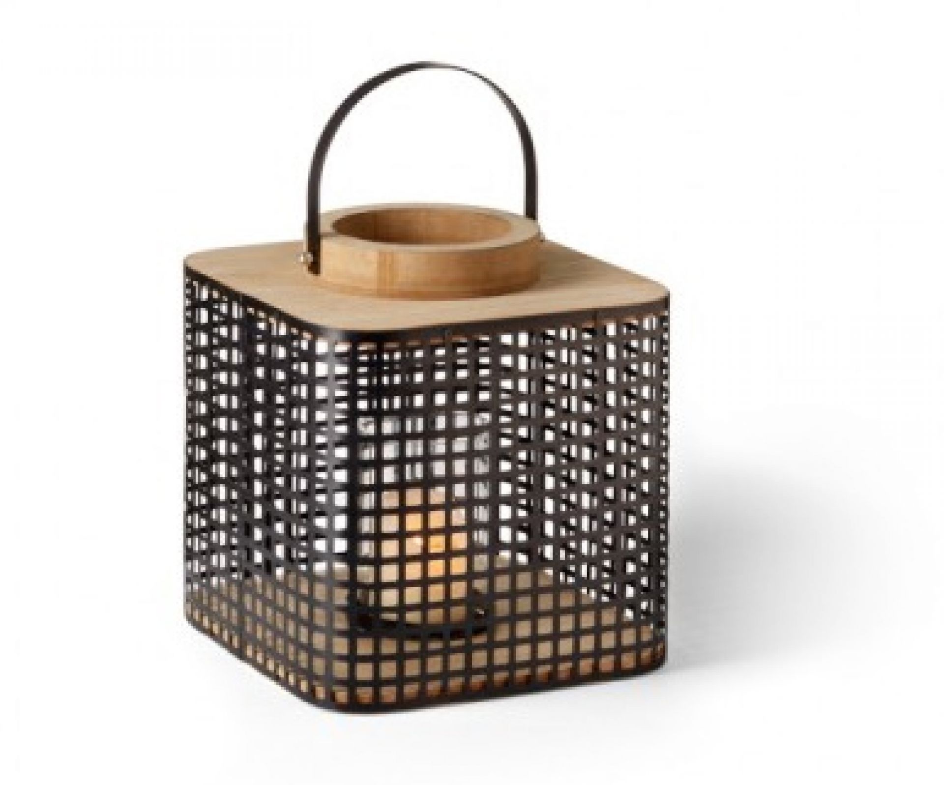 Asgar Laterne von Philippi: Quadratische Metall-Laterne mit Holzdetails und Tragegriff, ideal für stimmungsvolle Beleuchtung.