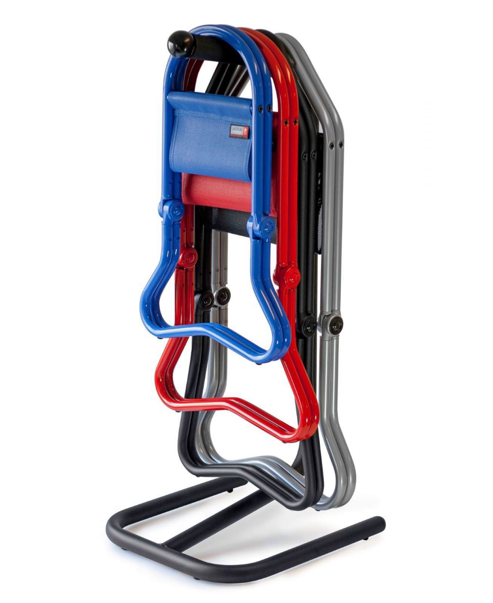 Floor Stand Bodenständer mit farbigen Hockern Chicago, Stockholm II und New York Lectus, platzsparend verstaut.