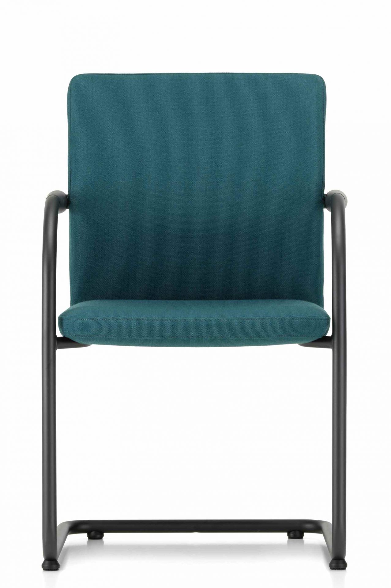 Vorderansicht des Vitra ID Visitor Freischwinger Stuhls in Petrol mit schwarzem Gestell.