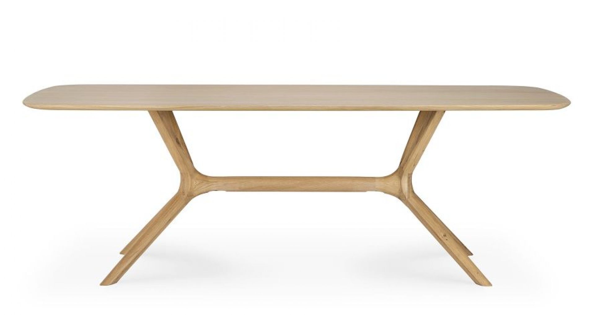 Ethnicraft X Tisch aus Eiche, Esstisch mit heller Holzplatte und markantem, modernem Untergestell.