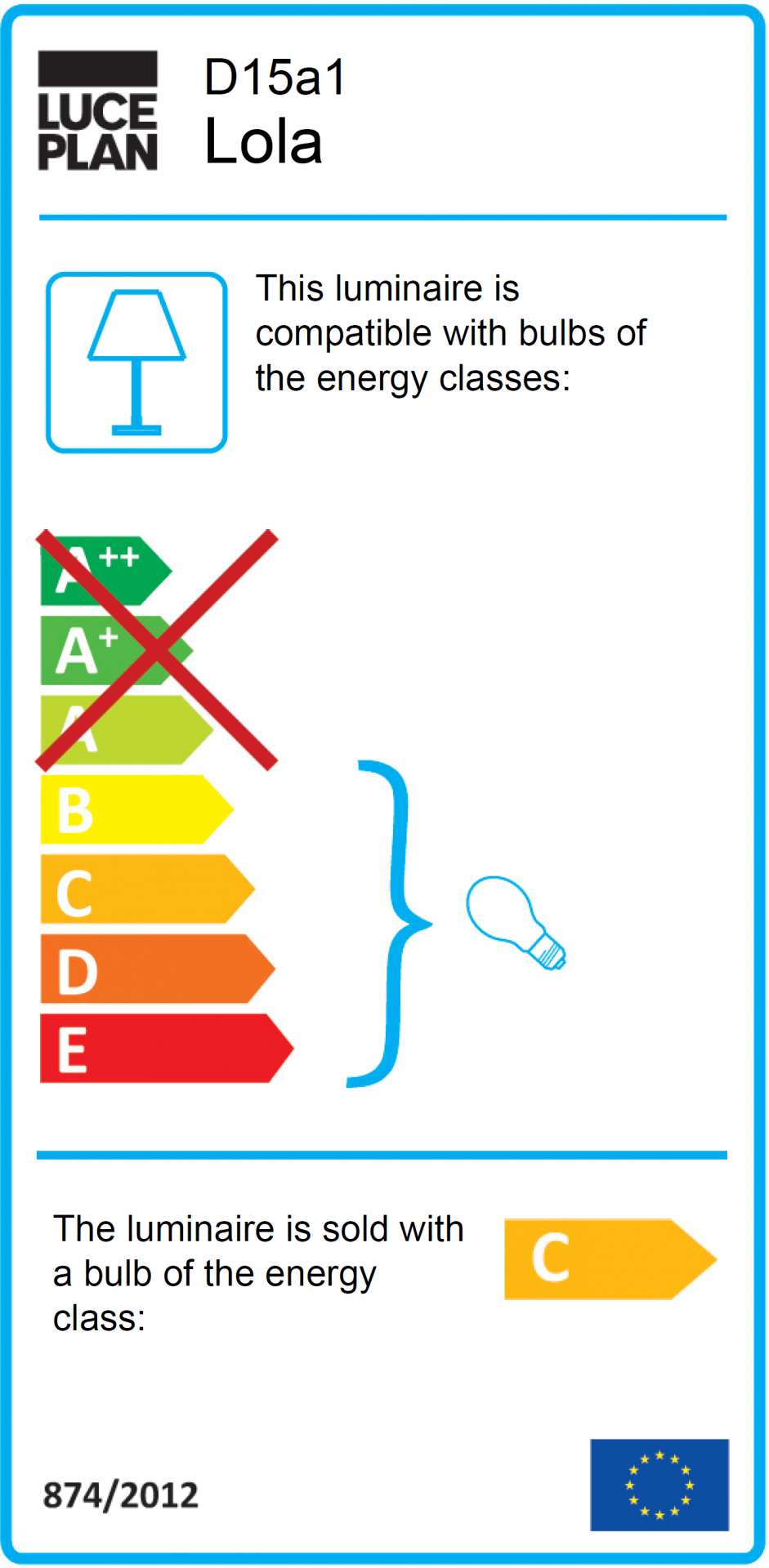 Energieeffizienzlabel der Luceplan Lola Wandleuchte, das die Kompatibilität mit Leuchtmitteln der Klassen B bis E zeigt.
