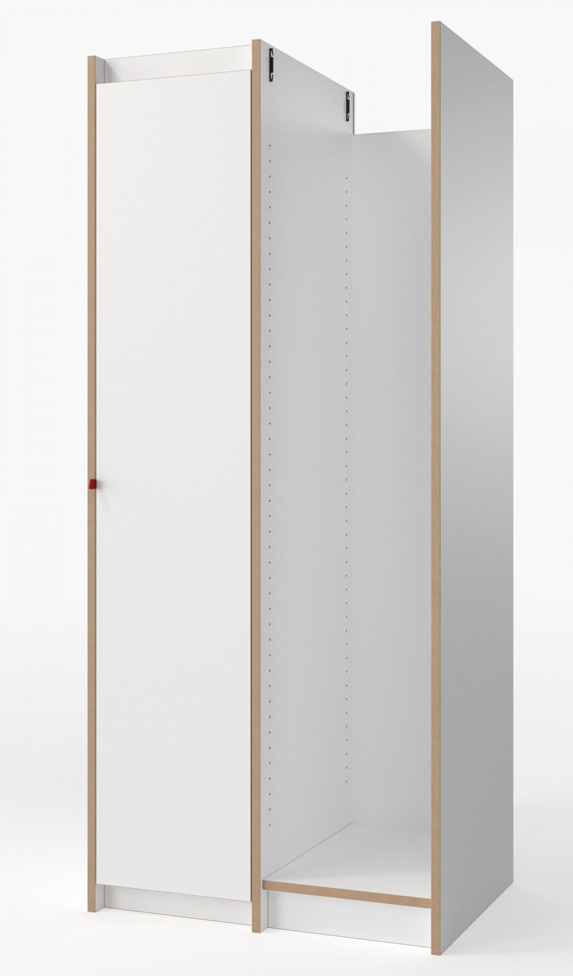 Tojo Anbaumodul: Weißer Steh Schrank mit Tür und offenem Regalfach für Stauraum.