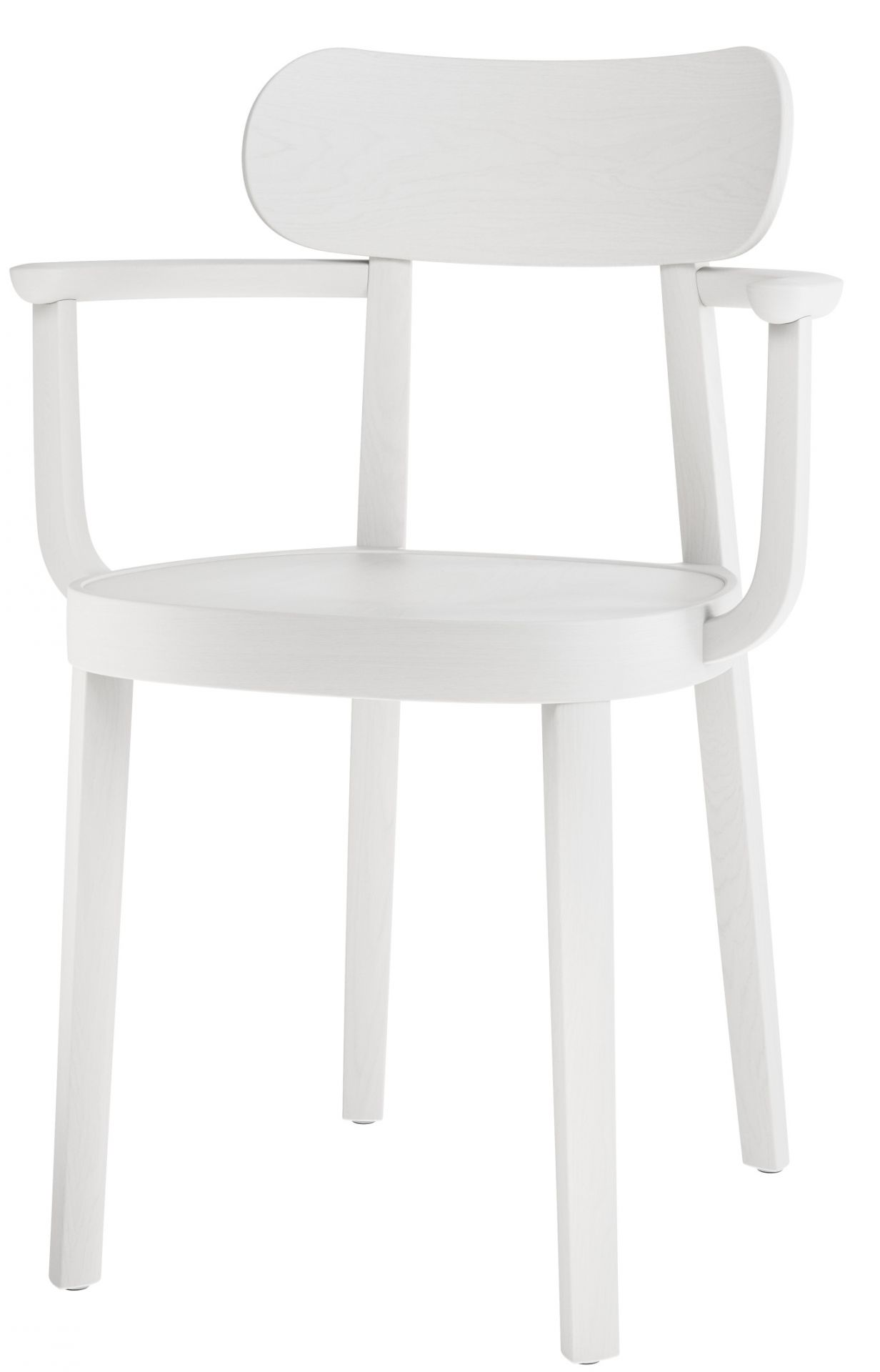 Weißer Holzstuhl mit Armlehnen, Modell 118 MF Thonet, für Esszimmer und Wohnbereich.