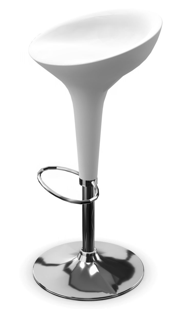 Weißer Bombo Stool Barhocker von Magis mit Fußstütze und verchromtem Fuß auf weißem Hintergrund.