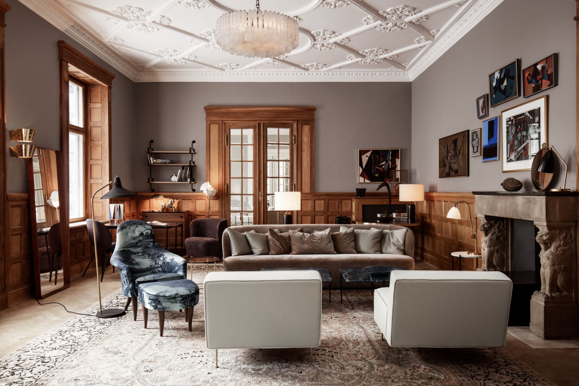 Elegantes Wohnzimmer mit Gubi Gravity Tischleuchte Large, die warmes Licht spendet und stilvolles Design betont.