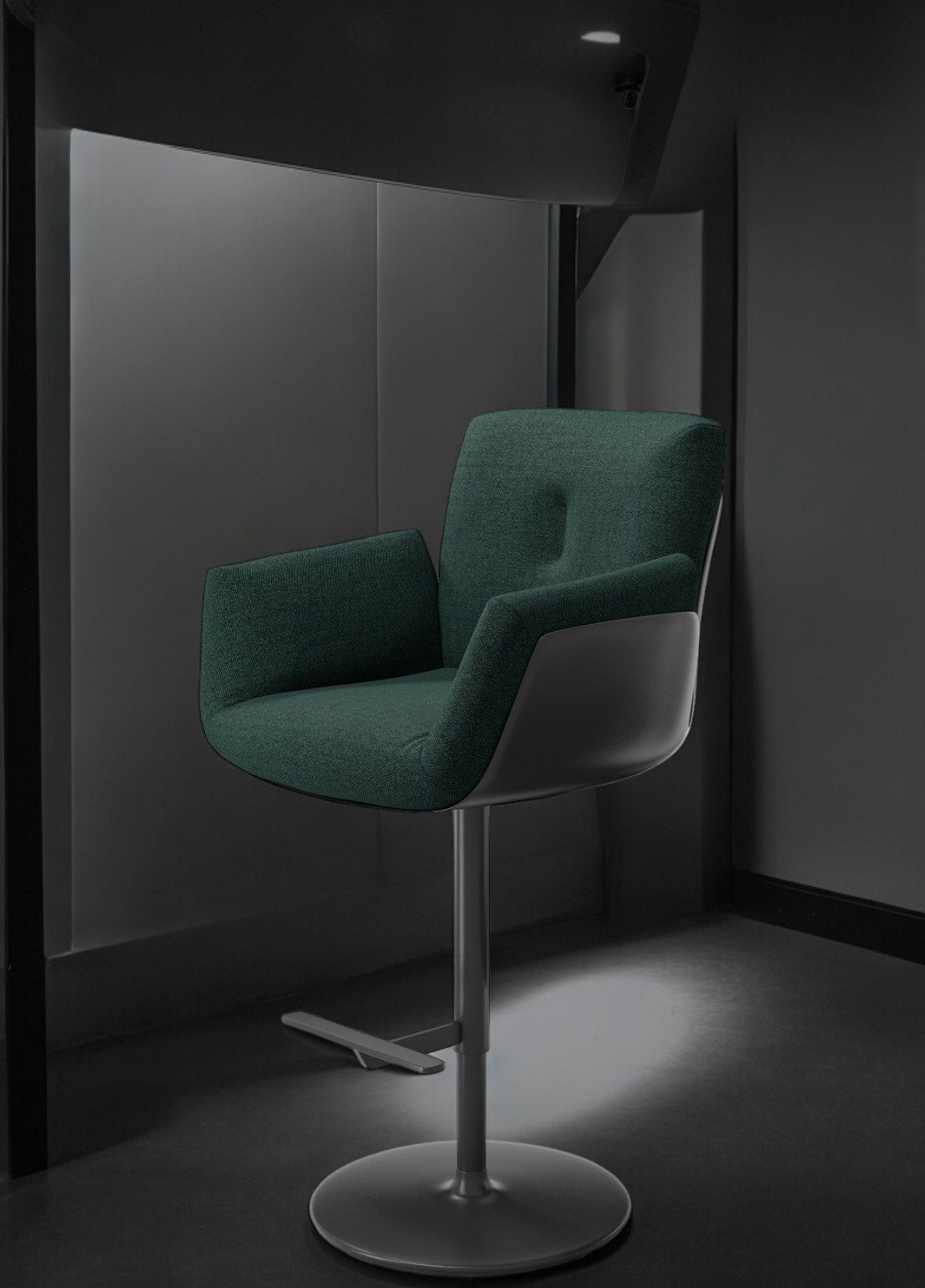 Bild eines grünen Alvo Barstuhls von Cor mit drehbarem Tellerfuß und Armlehnen.
