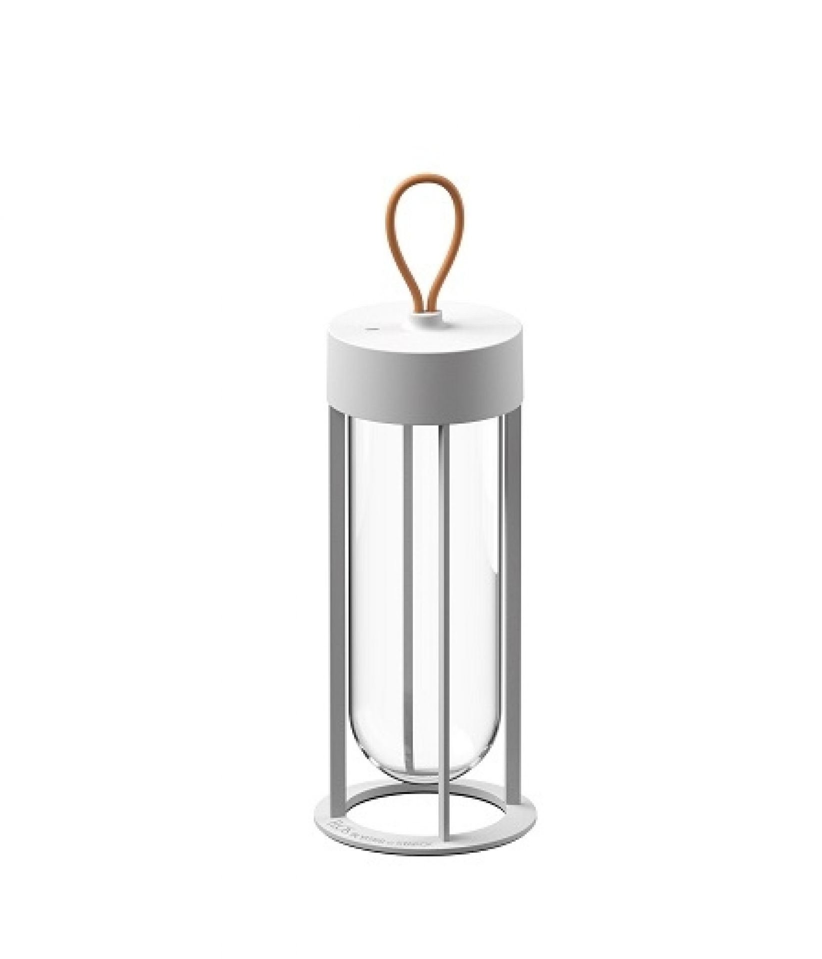 Weiße Flos In Vitro Unplugged Akkuleuchte: Moderne Tischleuchte mit Glaszylinder und Tragegriff.
