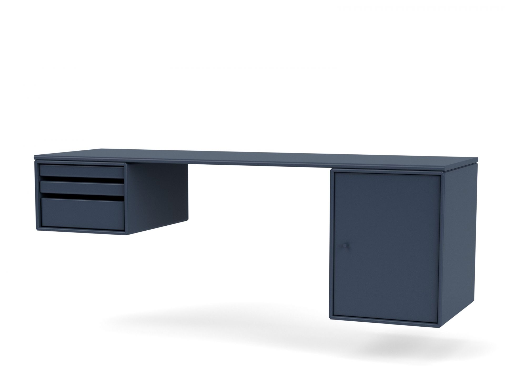 WORKSHOP Schreibtisch Montana in Blau mit Schubladen und Schrank für Büro und Arbeitszimmer.