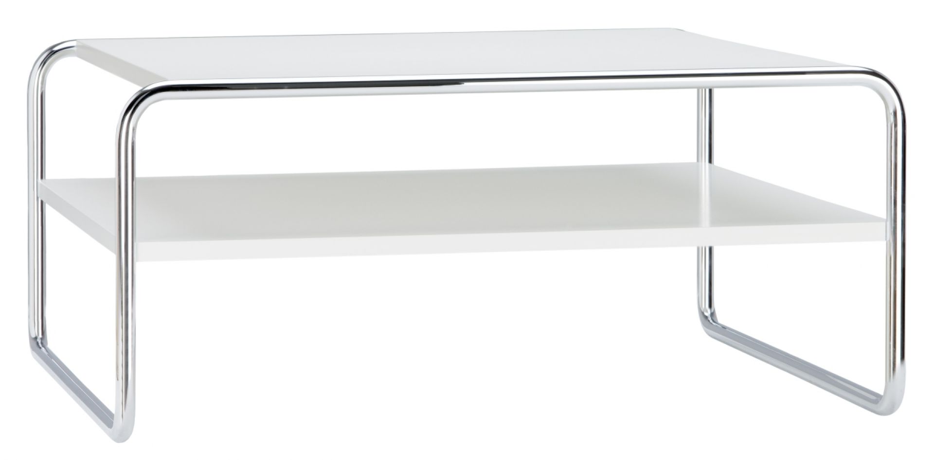 B 20 a/1 Thonet Couchtisch mit weißer Tischplatte und verchromtem Stahlrohrgestell, inklusive Fachboden.
