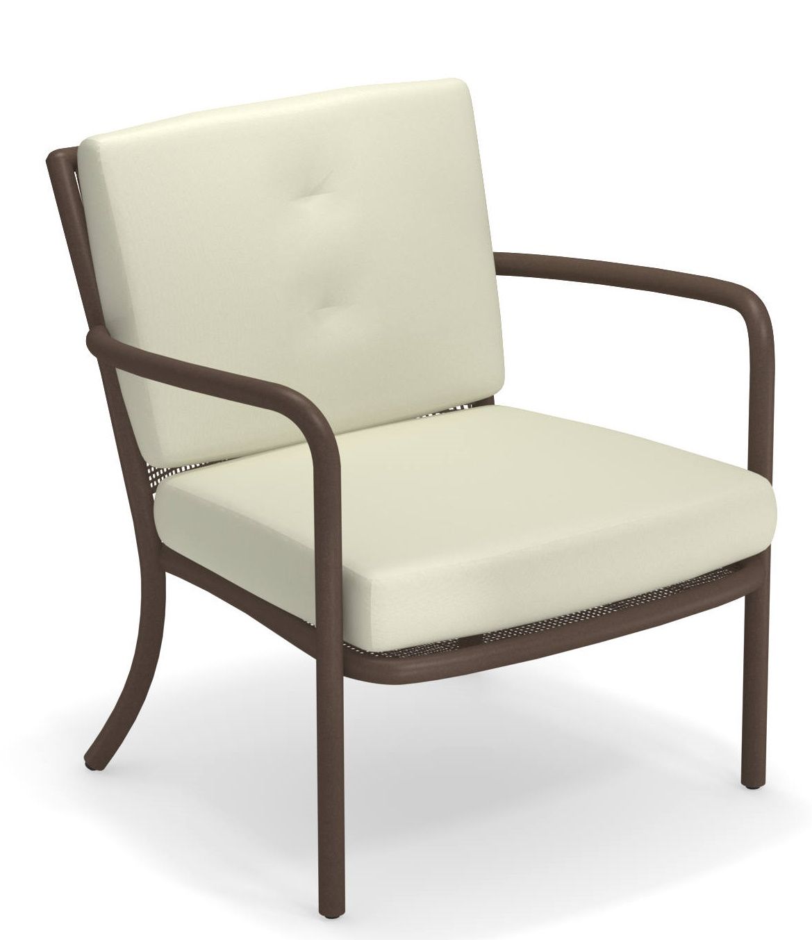 Athena Lounge Chair: Sessel für den Außenbereich mit braunem Gestell und beigen Polstern.