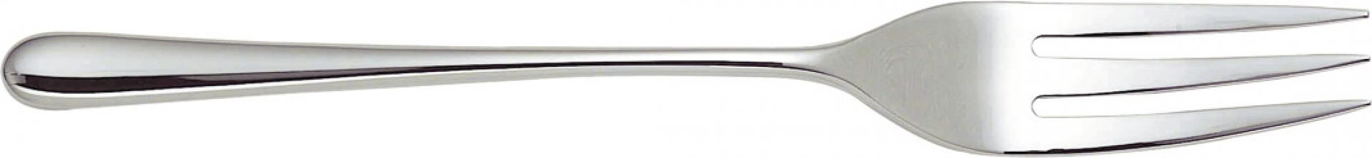 Nahaufnahme einer Gabel aus dem Alessi Caccia Besteckset, glänzend und elegant.