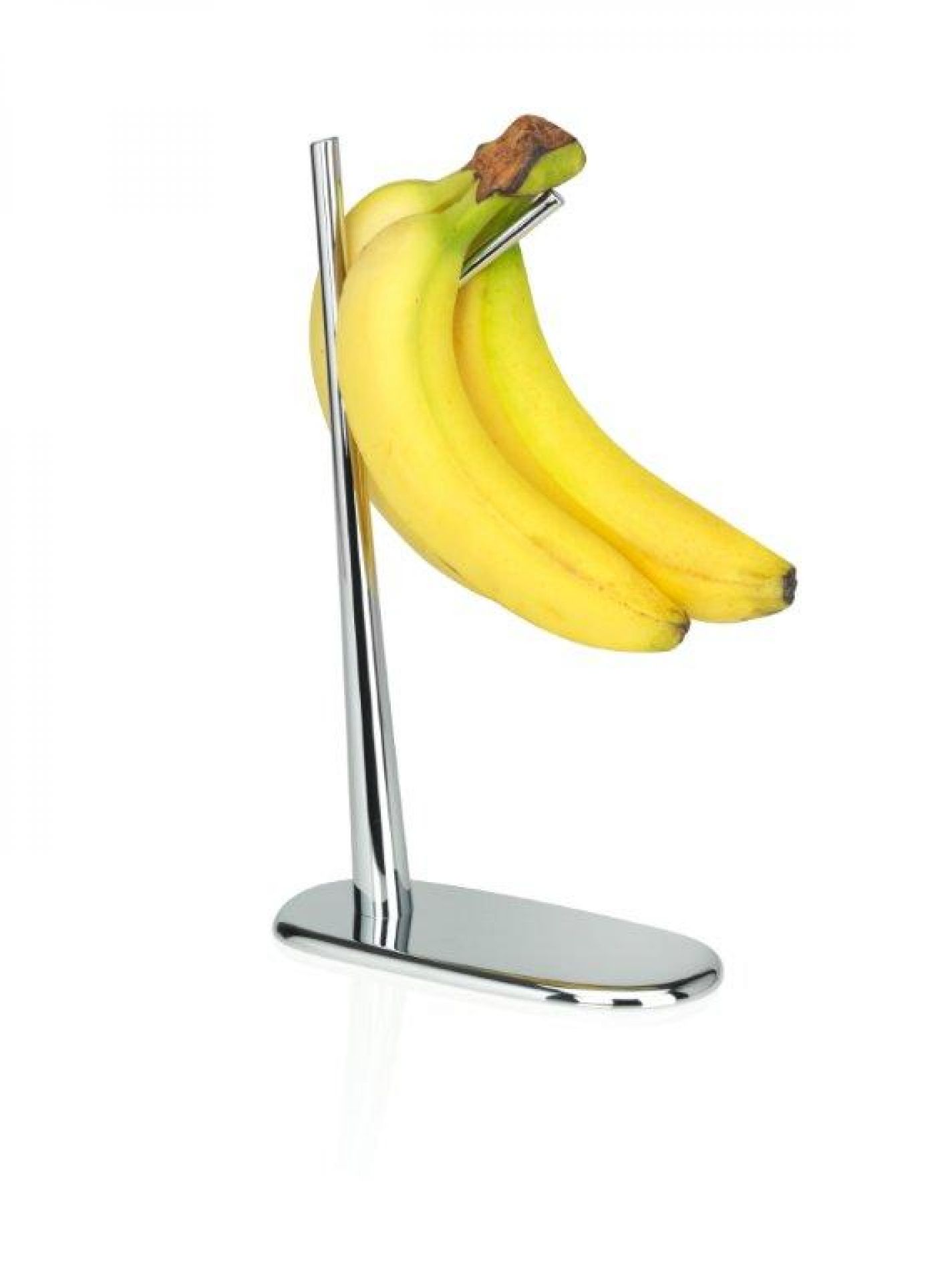 Alessi Dear Charlie Bananenhalter aus poliertem Edelstahl mit Bananen. Praktisch und dekorativ.