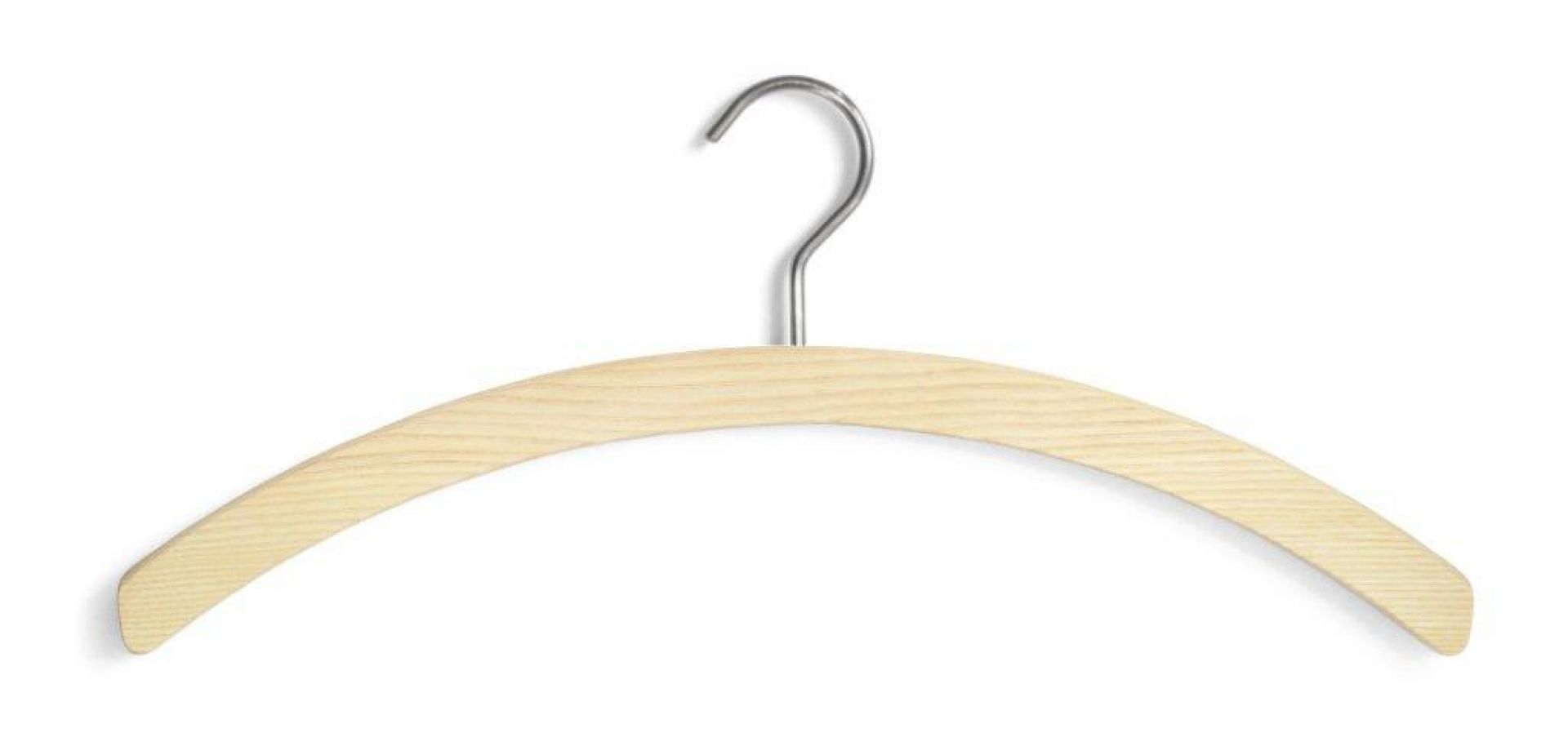 Barny Kleiderbügel aus hellem Holz mit silbernem Haken für stilvolle Kleideraufbewahrung.