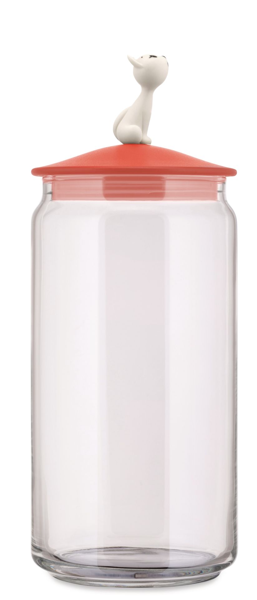 MioJar Katzenfutterbehälter von Alessi: Glasbehälter mit rotem Deckel und Katzenfigur für Trockenfutter.