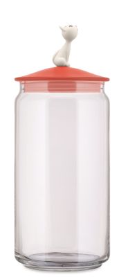 MioJar Katzenfutterbehälter von Alessi: Glasbehälter mit rotem Deckel und Katzenfigur für Trockenfutter.