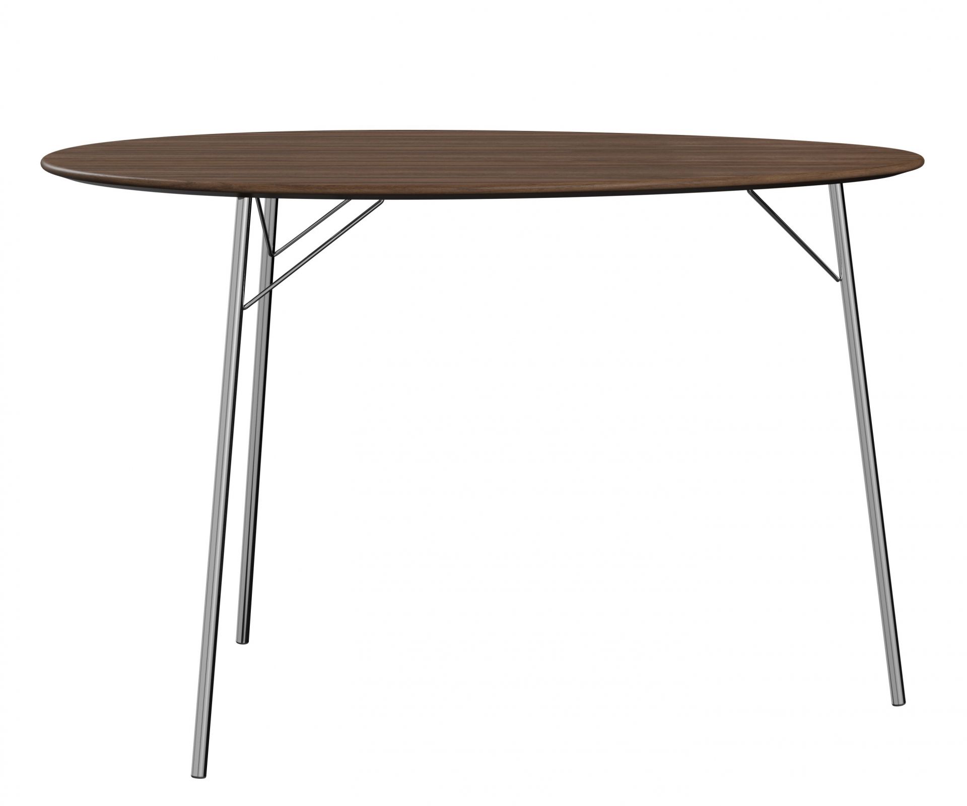 Egg Table von Fritz Hansen: Ovaler Esstisch mit dunkler Holzplatte und Chromgestell.