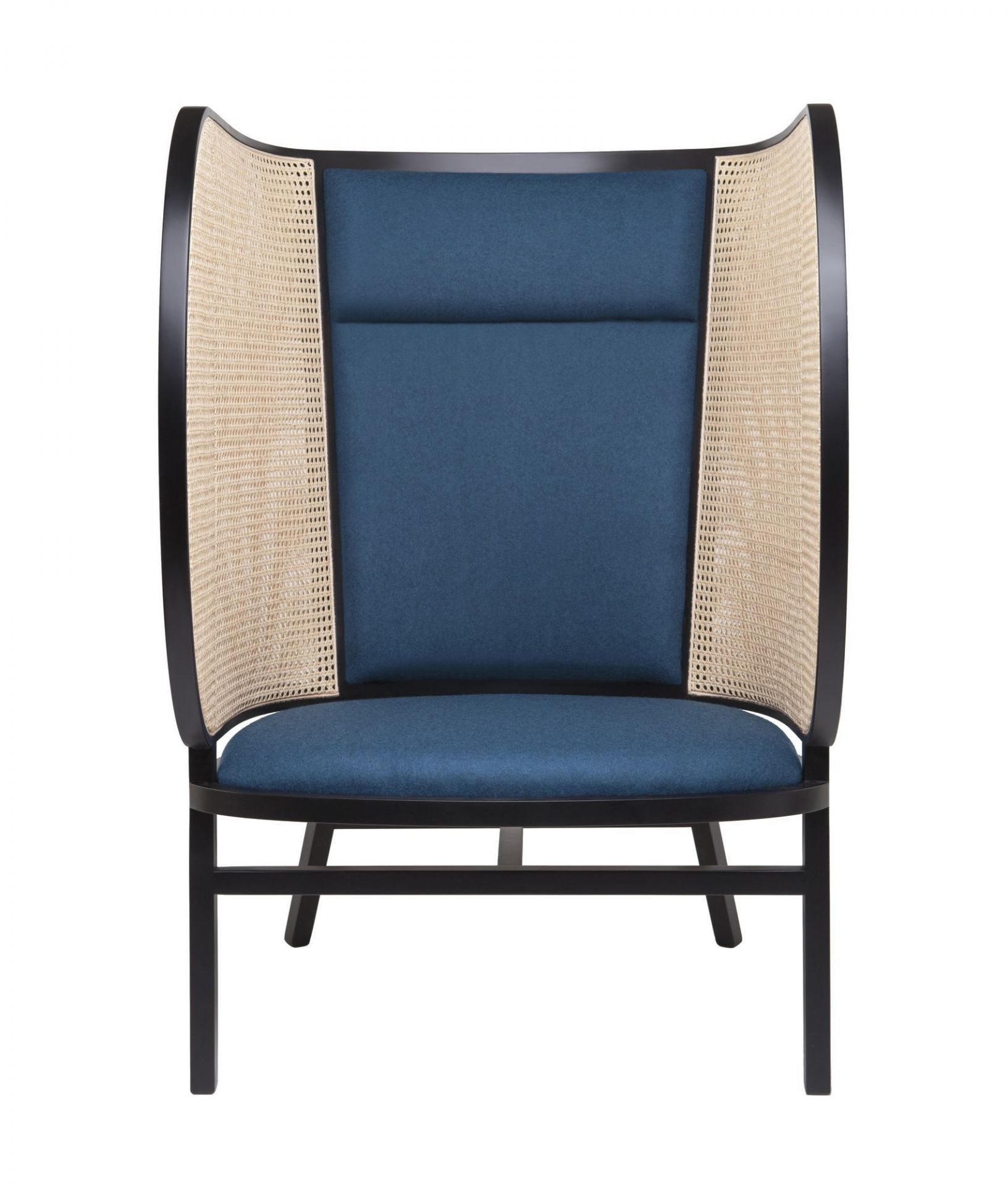 Hideout Lounge Chair Sessel mit blauem Polster und Wiener Geflecht, modernes Design.